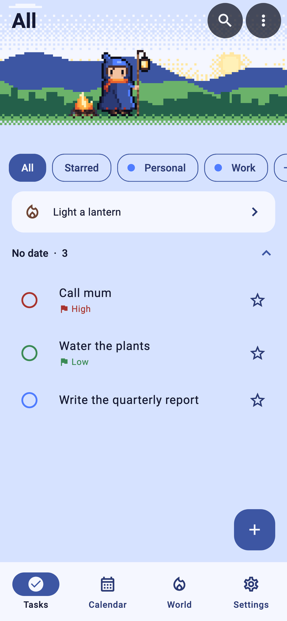 Veiltask task list with the Lamplighter and a campfire above the tasks.